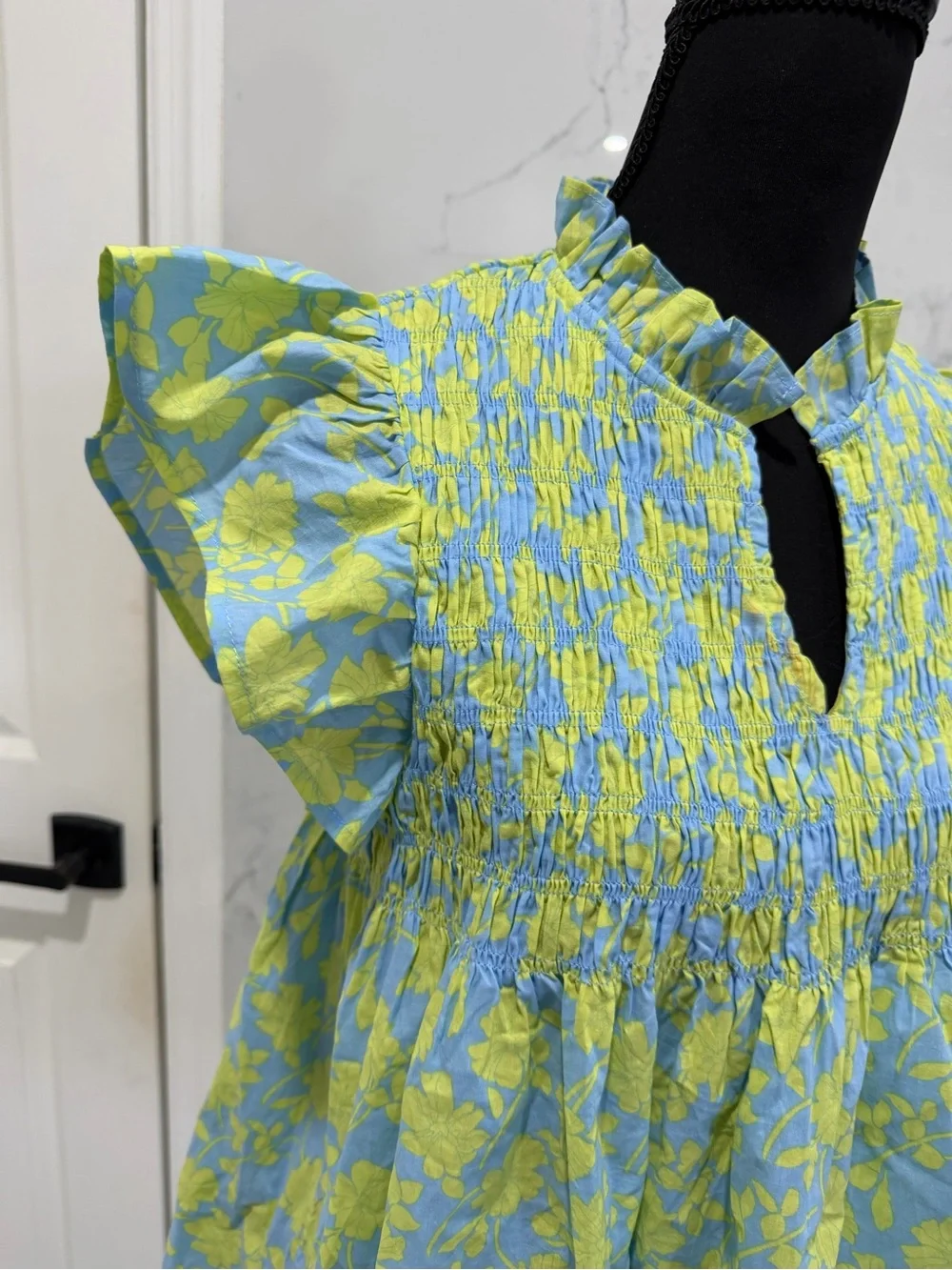 Pinch Blue & Lime Floral Smocked Flutter-Sleeve Top - Picture 3 of 5